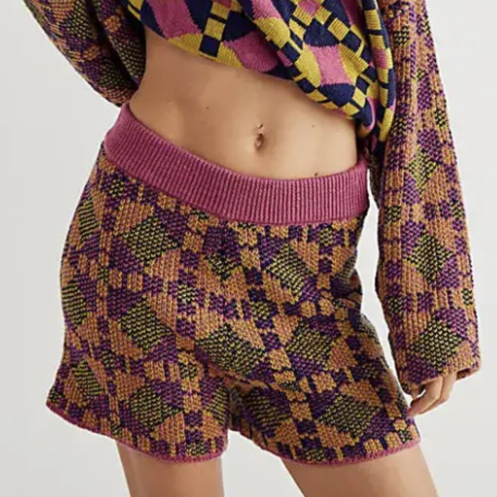 Free People FP Beach Malibu Pattern Knit Shorts Bright Plum Combo Size Medium